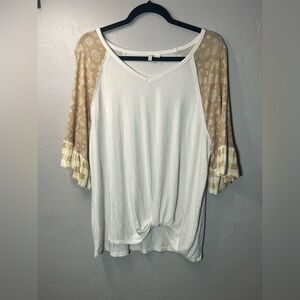 Cato White Knit Top with Tan Paisley Raglan Sleeves
